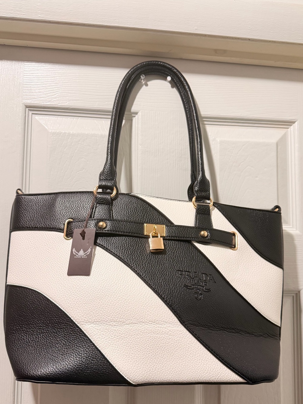 Two-Tone Black and White Satchel with Gold Accent